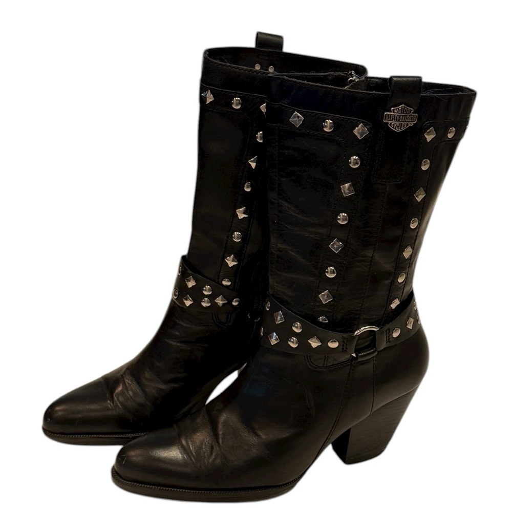 Harley Davidson Women's Black Leather Harness Silver Stud Heeled  Boots Size 6